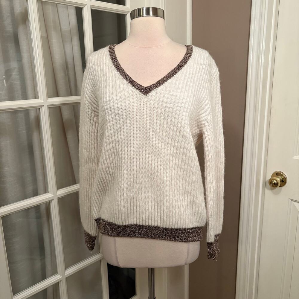 Morgan de Toi Off White Metallic Trim Sweater L Alpaca Wool‎ Blend V Neck